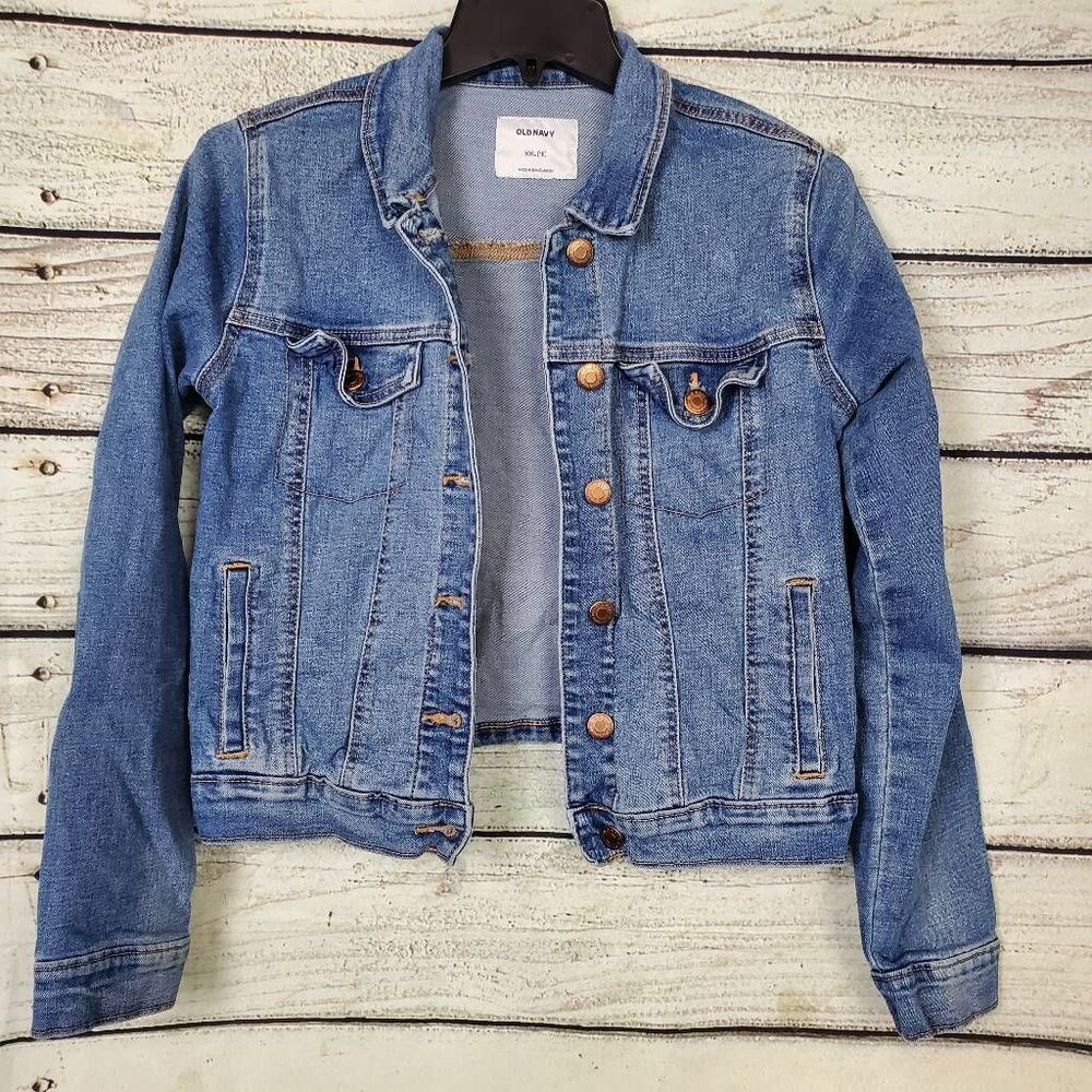 Old Navy Girls Jean Jacket Size XXL (16) Blue Denim Button Front Pockets Stretch